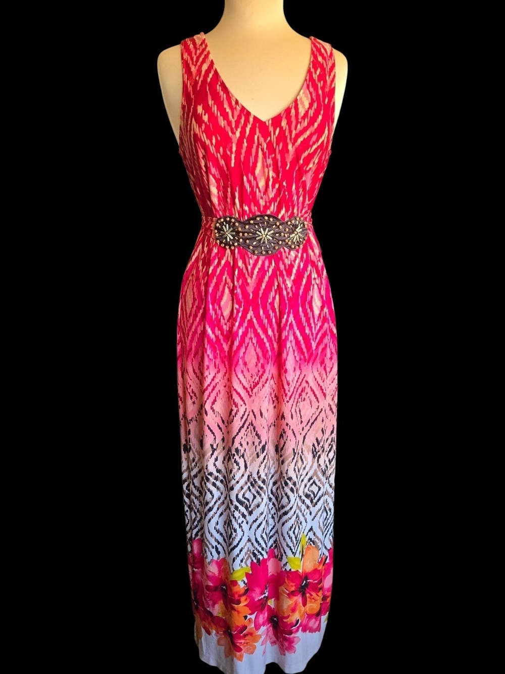 Robbie Bee Y2K Red Ombre Floral Maxi Dress with Beaded Waist